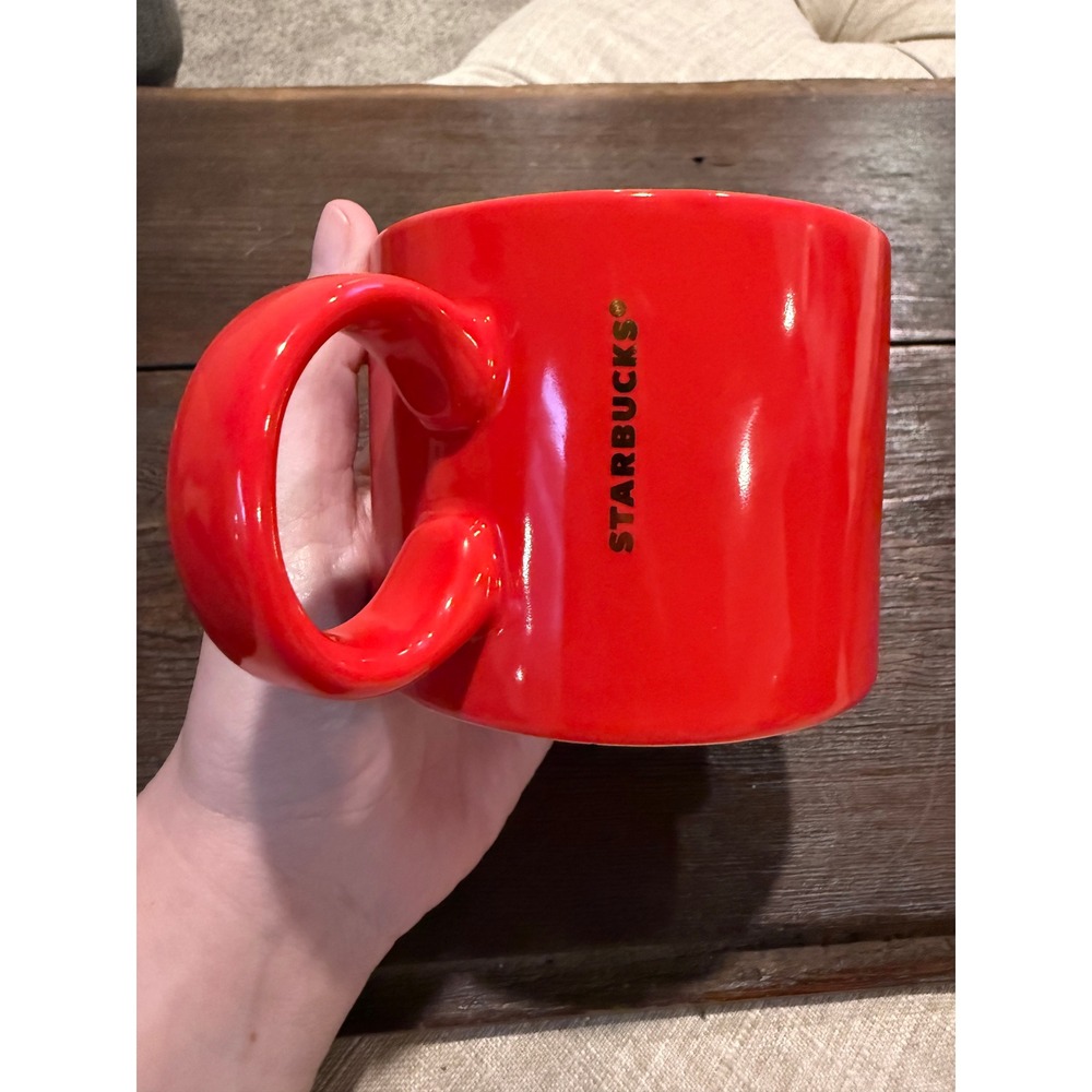 Starbucks 2017 Red Ceramic Coffee Mug 12oz Gold Vertical Logo Glossy Holiday